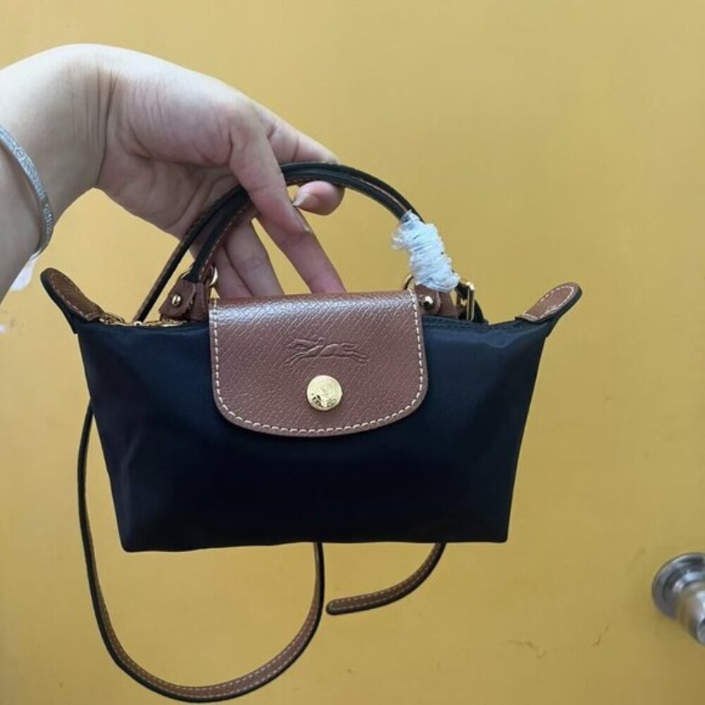 Longchamp Black Nylon Crossbody with Brown Leather Trim